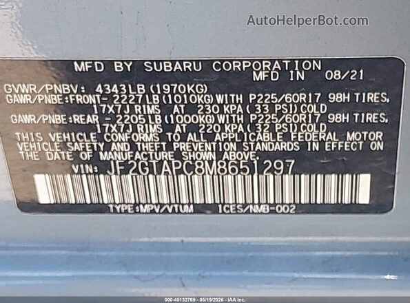 JF2GTAPC8M8651297 2021 SUBARU CROSSTREK Light Blue 