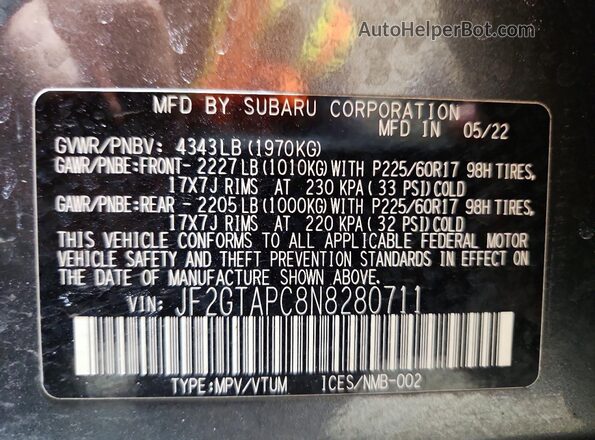 JF2GTAPC8N8280711 2022 SUBARU CROSSTREK Gray 
