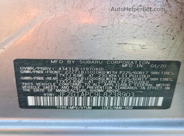 JF2GTAPC9L8238903 2020 SUBARU CROSSTREK Серый Вид подкапотного пространства