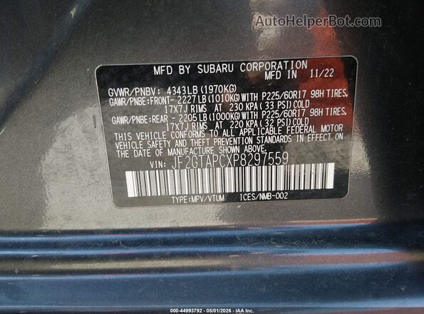 JF2GTAPCXP8297559 2023 SUBARU CROSSTREK Gray 
