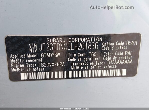 JF2GTDNC5LH201836 2020 SUBARU CROSSTREK Gray Widok komory silnika