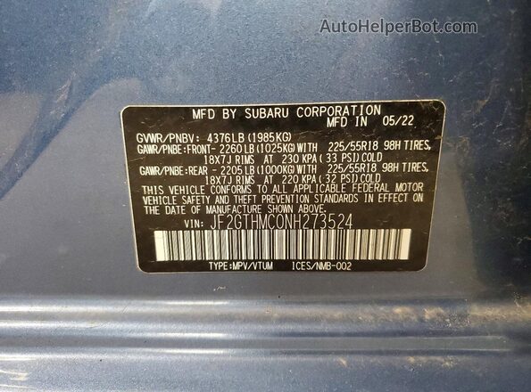 JF2GTHMC0NH273524 2022 SUBARU CROSSTREK Blue VIN կոդի պիտակի տեսք