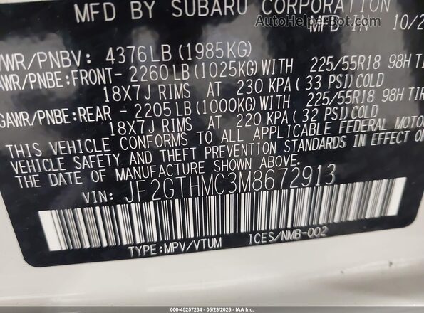 JF2GTHMC3M8672913 2021 SUBARU CROSSTREK White 