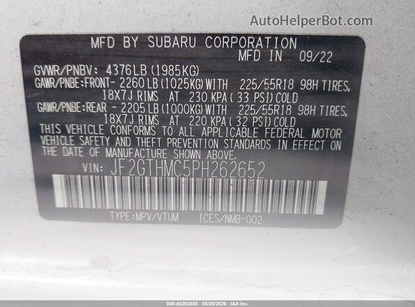 JF2GTHMC5PH262652 2023 SUBARU CROSSTREK White Widok komory silnika