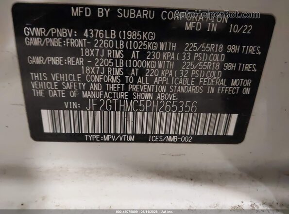 JF2GTHMC5PH265356 2023 SUBARU CROSSTREK White 