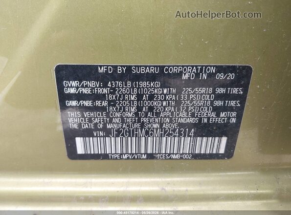 JF2GTHMC6MH254314 2021 SUBARU CROSSTREK Green Widok komory silnika