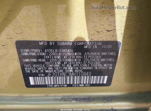 JF2GTHNC3MH310840 2021 SUBARU CROSSTREK Зеленый Вид подкапотного пространства
