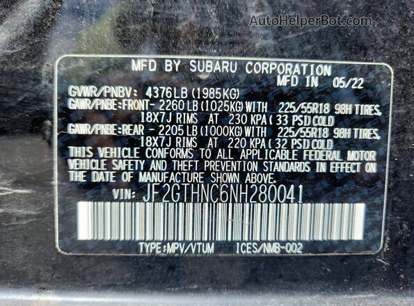 JF2GTHNC6NH280041 2022 SUBARU CROSSTREK Black Vista del compartimento del motor