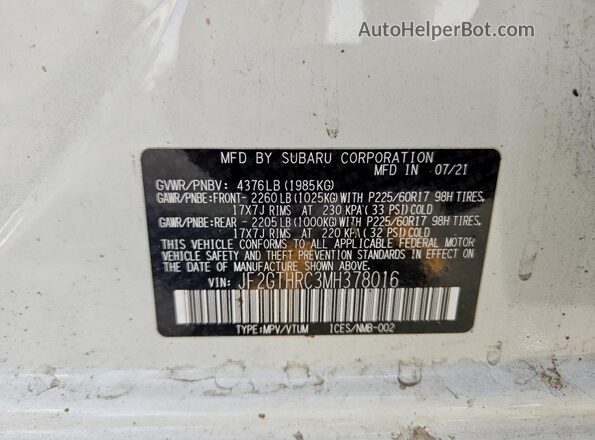 JF2GTHRC3MH378016 2021 SUBARU CROSSTREK White Շարժիչի բաժամունքի տեսք