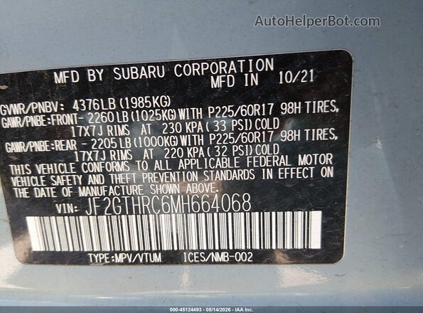 JF2GTHRC6MH664068 2021 SUBARU CROSSTREK Light Blue ძრავის განყოფილების ხედი