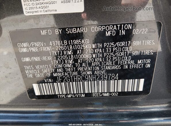 JF2GTHRC9NH239784 2022 SUBARU CROSSTREK Black 