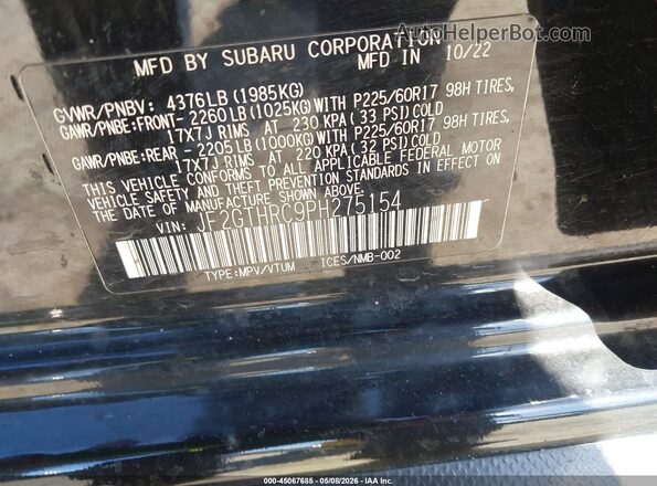JF2GTHRC9PH275154 2023 SUBARU CROSSTREK Black Vista del compartimento del motor