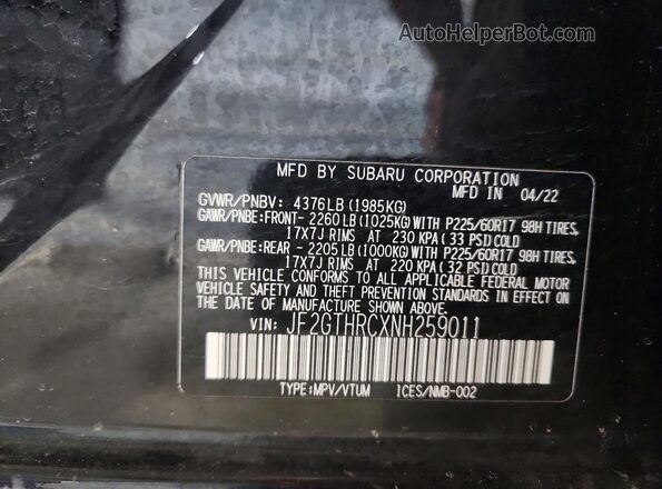 JF2GTHRCXNH259011 2022 SUBARU CROSSTREK Black 