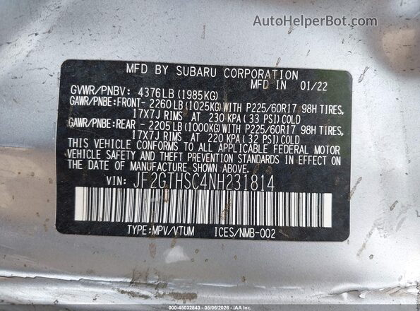 JF2GTHSC4NH231814 2022 SUBARU CROSSTREK Gray Vista del compartimento del motor