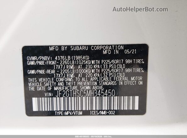 JF2GTHSC5MH345450 2021 SUBARU CROSSTREK White Շարժիչի բաժամունքի տեսք