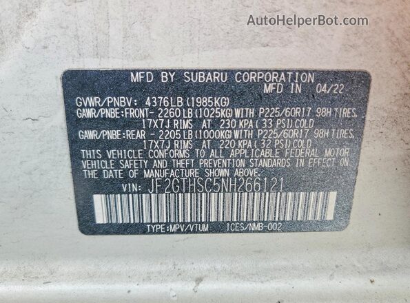 JF2GTHSC5NH266121 2022 SUBARU CROSSTREK White Vista de la etiqueta del VIN