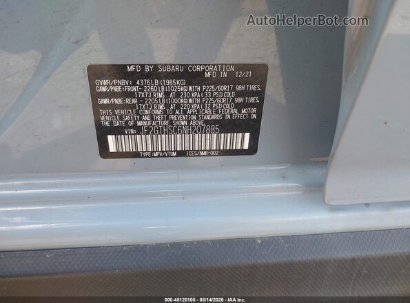 JF2GTHSC6NH207885 2022 SUBARU CROSSTREK Light Blue Vista del compartimento del motor