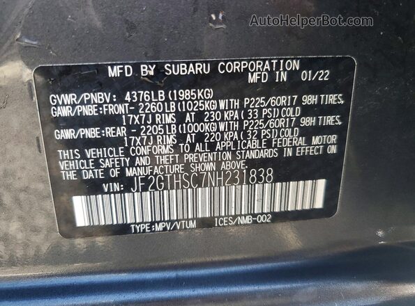 JF2GTHSC7NH231838 2022 SUBARU CROSSTREK Gray 