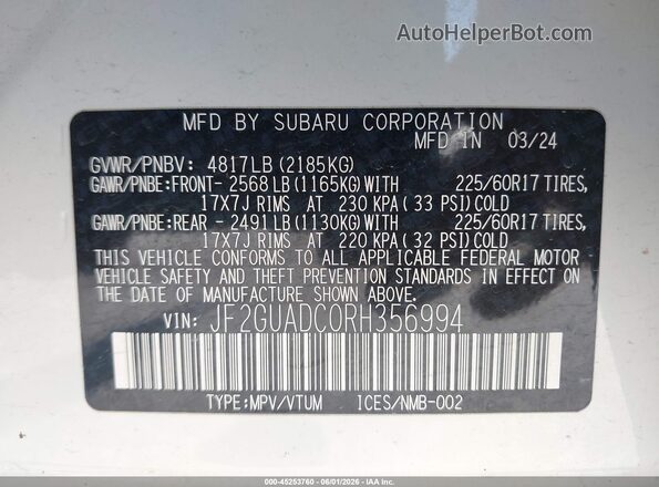 JF2GUADC0RH356994 2024 SUBARU CROSSTREK White Շարժիչի բաժամունքի տեսք