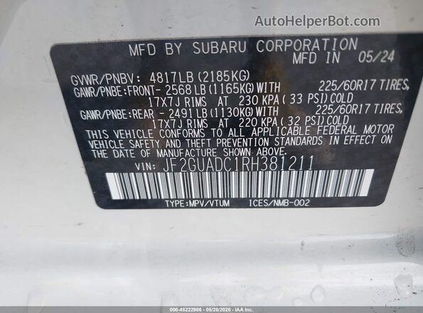 JF2GUADC1RH381211 2024 SUBARU CROSSTREK Белый Вид подкапотного пространства