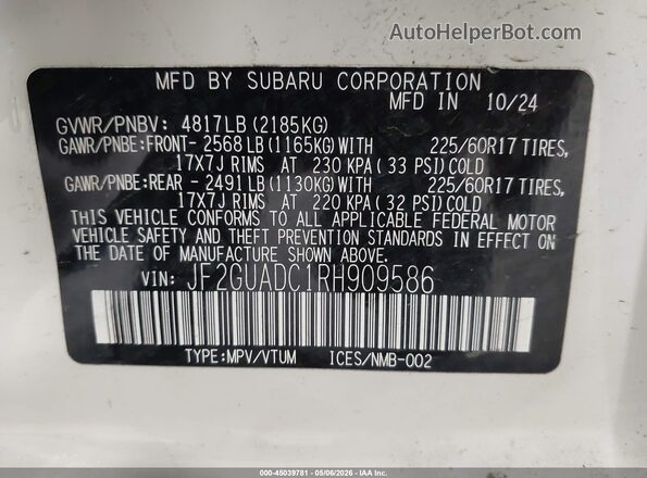 JF2GUADC1RH909586 2024 SUBARU CROSSTREK White Շարժիչի բաժամունքի տեսք