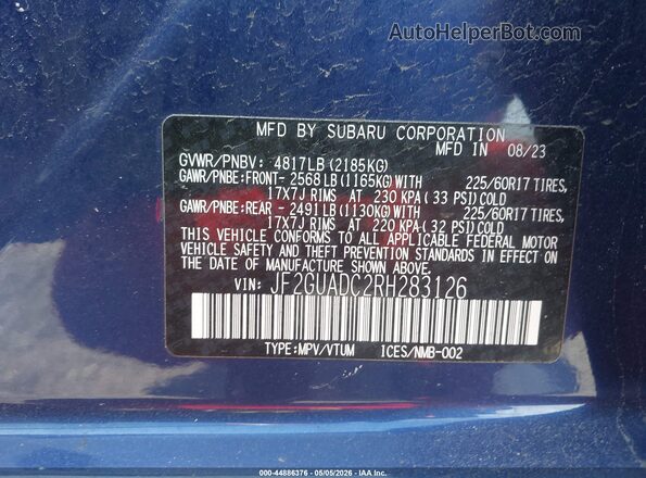 JF2GUADC2RH283126 2024 SUBARU CROSSTREK Blue Widok komory silnika