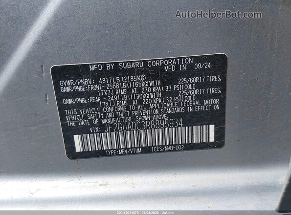 JF2GUADC3R8895934 2024 SUBARU CROSSTREK Silver Շարժիչի բաժամունքի տեսք