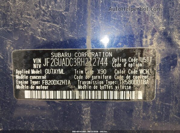 JF2GUADC3RH212744 2024 SUBARU CROSSTREK Синий Вид подкапотного пространства