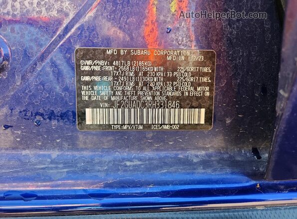 JF2GUADC3RH331846 2024 SUBARU CROSSTREK Blue Vista interior de 360 grados