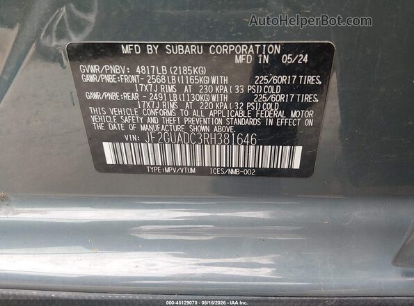 JF2GUADC3RH381646 2024 SUBARU CROSSTREK Gray ძრავის განყოფილების ხედი