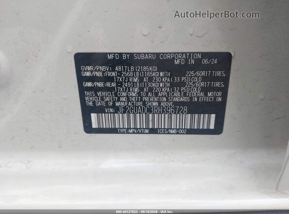 JF2GUADC3RH396728 2024 SUBARU CROSSTREK White ძრავის განყოფილების ხედი