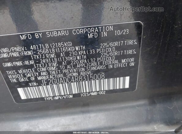 JF2GUADC4R8315008 2024 SUBARU CROSSTREK Gray 