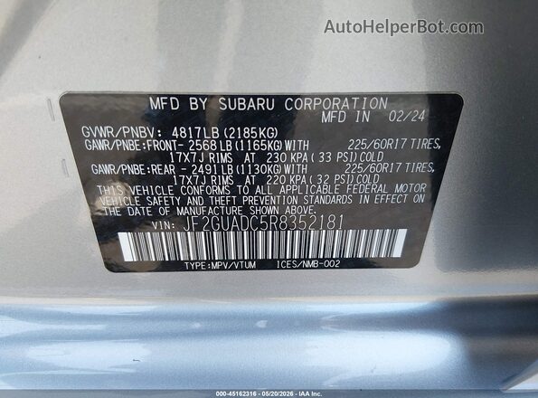 JF2GUADC5R8352181 2024 SUBARU CROSSTREK Silver Շարժիչի բաժամունքի տեսք