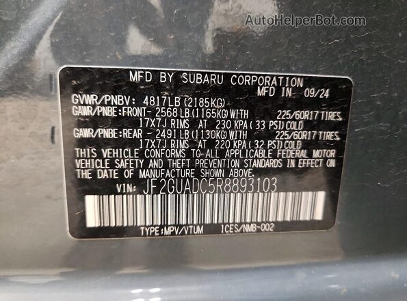 JF2GUADC5R8893103 2024 SUBARU CROSSTREK Gray VIN sticker view