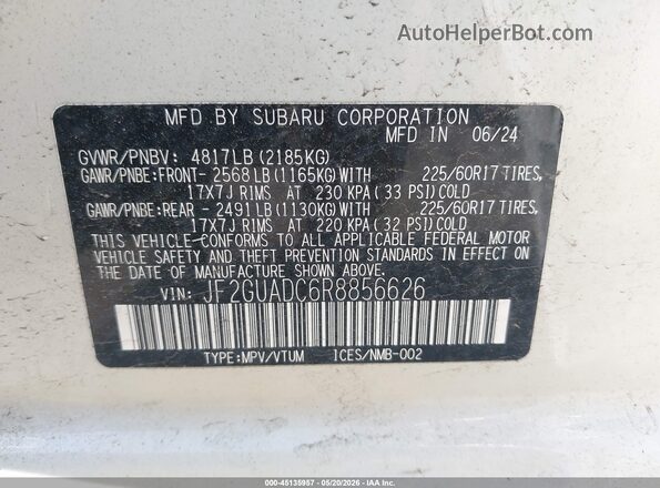 JF2GUADC6R8856626 2024 SUBARU CROSSTREK White Widok komory silnika
