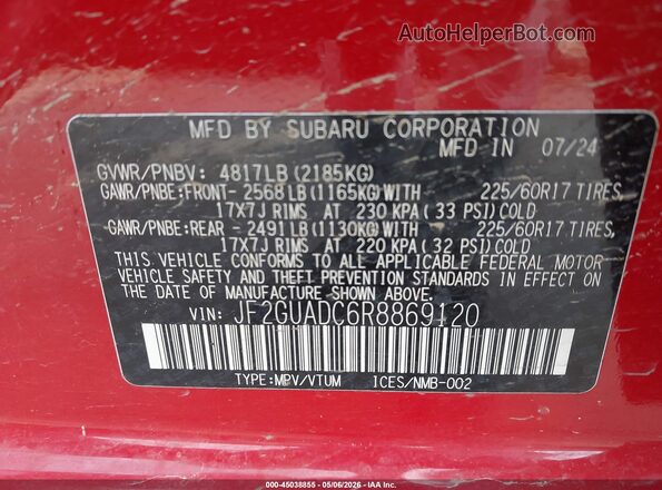 JF2GUADC6R8869120 2024 SUBARU CROSSTREK Red Widok komory silnika