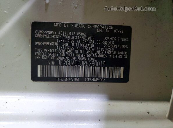 JF2GUADC8R8280019 2024 SUBARU CROSSTREK White VIN sticker view