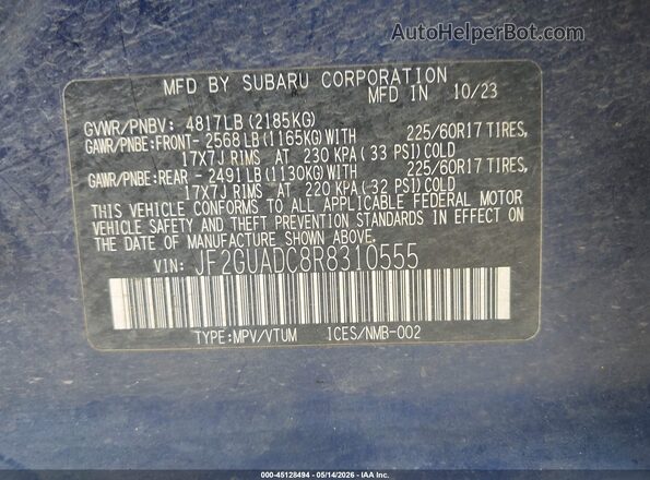 JF2GUADC8R8310555 2024 SUBARU CROSSTREK Blue Engine compartment view