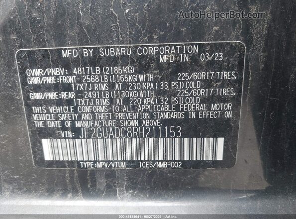 JF2GUADC8RH211153 2024 SUBARU CROSSTREK Gray Widok komory silnika