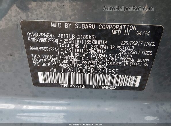 JF2GUADC8RH371565 2024 SUBARU CROSSTREK Blue Вид підкапотного простору