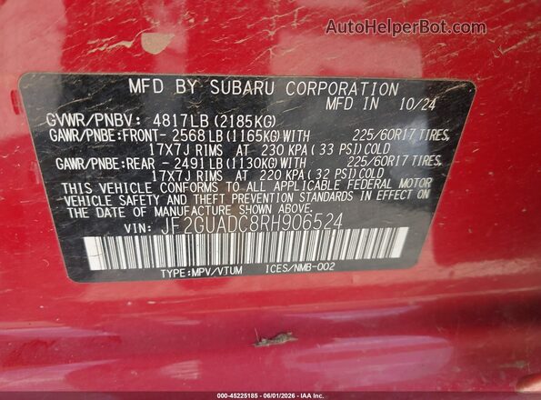 JF2GUADC8RH906524 2024 SUBARU CROSSTREK Red Vista del compartimento del motor