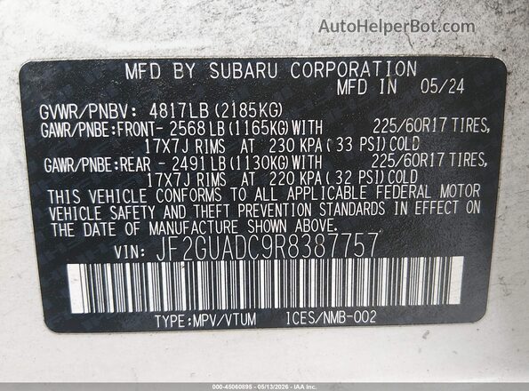JF2GUADC9R8387757 2024 SUBARU CROSSTREK Белый Вид подкапотного пространства