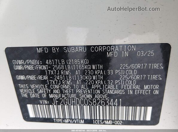 JF2GUHDC0S8263441 2025 SUBARU CROSSTREK White ძრავის განყოფილების ხედი