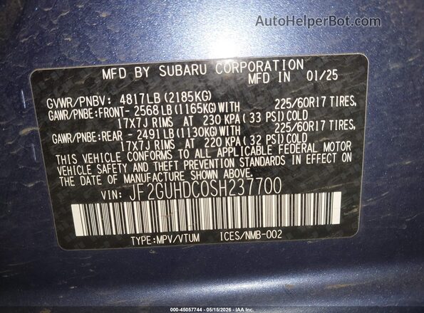 JF2GUHDC0SH237700 2025 SUBARU CROSSTREK Blue ძრავის განყოფილების ხედი