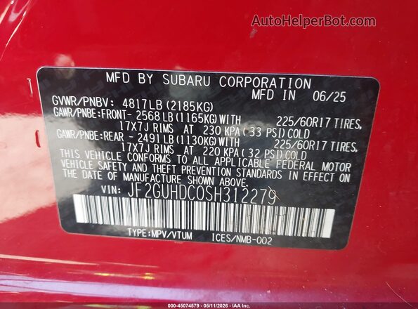 JF2GUHDC0SH312279 2025 SUBARU CROSSTREK Red 