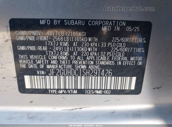 JF2GUHDC1SH291426 2025 SUBARU CROSSTREK Silver Widok komory silnika