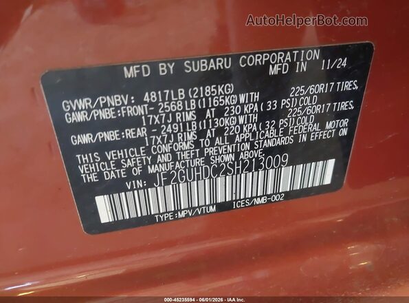 JF2GUHDC2SH213009 2025 SUBARU CROSSTREK Оранжевый Вид подкапотного пространства