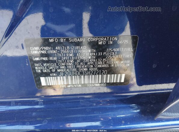 JF2GUHDC3SH272120 2025 SUBARU CROSSTREK Blue Engine compartment view