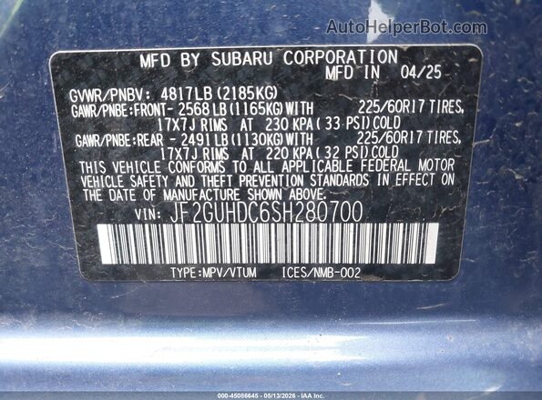 JF2GUHDC6SH280700 2025 SUBARU CROSSTREK Blue Вид підкапотного простору