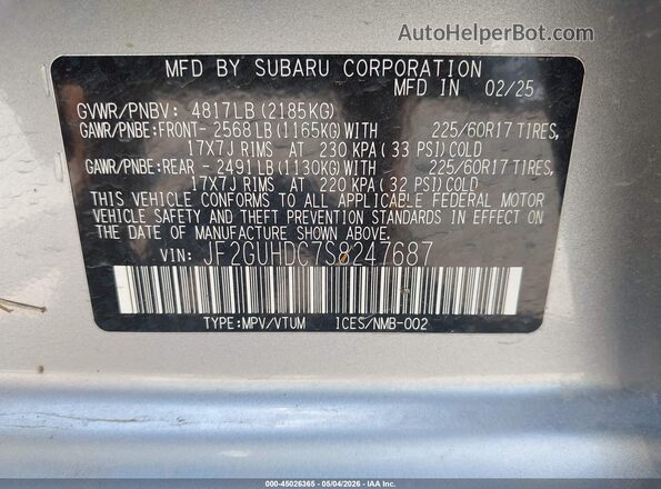 JF2GUHDC7S8247687 2025 SUBARU CROSSTREK Silver 